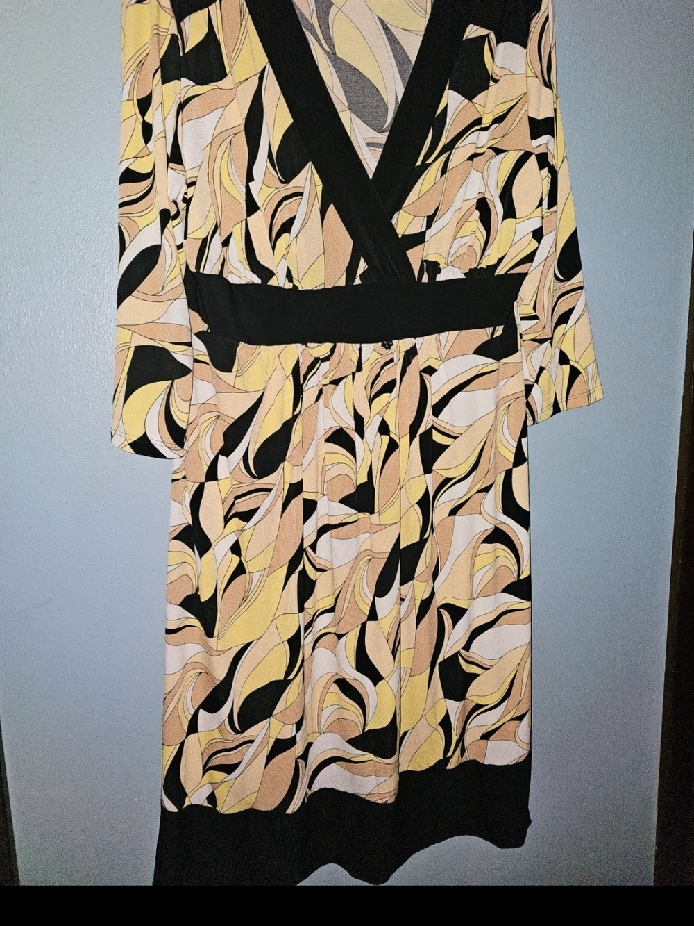 Printed V-Neck Midi Dress in Yellow, Black and Cream